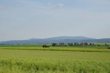 fields and a view on sleza mountain, lower silesia, poland