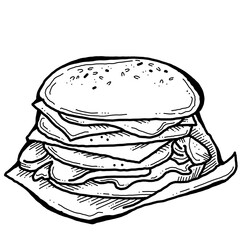 Tasty juicy hamburger for fast food lunch, outdoor picnic. Junk food sandwich with meat in cafe menu, restaurant kitchen. Hand drawn retro vintage illustration. Comics cartoon style drawing. 