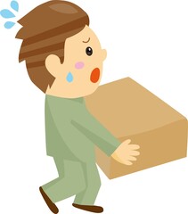 重たい大きな荷物を運ぶ大変そうな男性　上半身　作業着