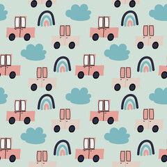 Kids seamless pattern with cute cars, Nursery simple print, Pastel colors for boys,Scandinavian repeat design, Children pattern, Rainbow and cloud, Pink cars, Toy backdrop, Nursery wallpaper