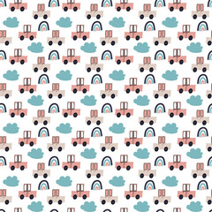 Kids seamless pattern with cute cars, Nursery simple print, Pastel colors for boys,Scandinavian repeat design, Children pattern, Rainbow and cloud, Pink cars, Toy backdrop, Nursery wallpaper
