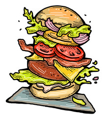 Tasty juicy hamburger for fast food lunch, outdoor picnic. Junk food sandwich with meat in cafe menu, restaurant kitchen. Hand drawn retro vintage colorful illustration. Comics cartoon style drawing. 