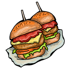 Tasty juicy hamburger for fast food lunch, outdoor picnic. Junk food sandwich with meat in cafe menu, restaurant kitchen. Hand drawn retro vintage colorful illustration. Comics cartoon style drawing. 