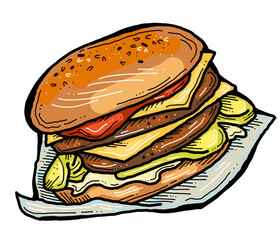 Tasty juicy hamburger for fast food lunch, outdoor picnic. Junk food sandwich with meat in cafe menu, restaurant kitchen. Hand drawn retro vintage colorful illustration. Comics cartoon style drawing. 