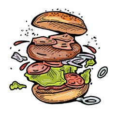 Tasty juicy hamburger for fast food lunch, outdoor picnic. Junk food sandwich with meat in cafe menu, restaurant kitchen. Hand drawn retro vintage colorful illustration. Comics cartoon style drawing. 