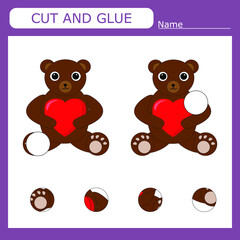 worksheet vector design, the task is to cut and glue a piece on bear.  Logic game for children.
