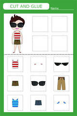 worksheet vector design, the task is to cut and paste the clothes from the sample. Logic game for children.