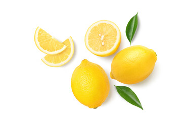 Flat lay (top view) of lemon with sliced and green leaf isolated on white background.