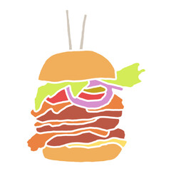 Tasty juicy hamburger for fast food lunch or outdoor picnic. Junk food sandwich with meat in cafe menu or restaurant kitchen. Silhouette colorful illustration. Comics cartoon style drawing. 