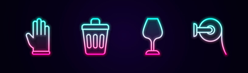 Set line Rubber gloves, Trash can, Wine glass and Toilet paper roll. Glowing neon icon. Vector