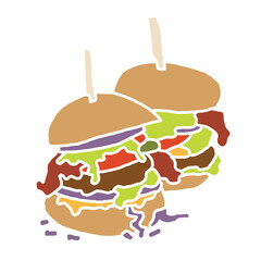 Tasty juicy hamburger for fast food lunch or outdoor picnic. Junk food sandwich with meat in cafe menu or restaurant kitchen. Silhouette colorful illustration. Comics cartoon style drawing. 