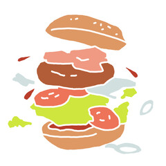 Tasty juicy hamburger for fast food lunch or outdoor picnic. Junk food sandwich with meat in cafe menu or restaurant kitchen. Silhouette colorful illustration. Comics cartoon style drawing. 