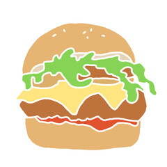 Tasty juicy hamburger for fast food lunch or outdoor picnic. Junk food sandwich with meat in cafe menu or restaurant kitchen. Silhouette colorful illustration. Comics cartoon style drawing. 