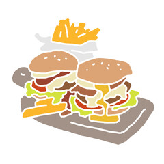 Tasty juicy hamburger for fast food lunch or outdoor picnic. Junk food sandwich with meat in cafe menu or restaurant kitchen. Silhouette colorful illustration. Comics cartoon style drawing. 
