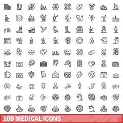 100 medical icons set. Outline illustration of 100 medical icons vector set isolated on white background
