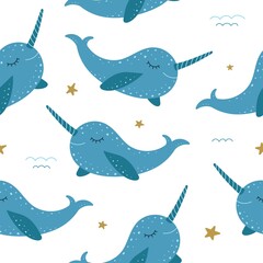 cute whale narwhal seamless pattern golden stars, ocean, sea