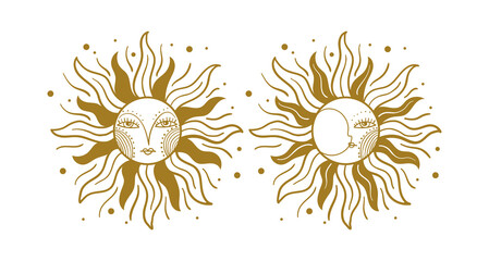 Sun and moon sign set. Golden mystical tarot icon isolated on white. Vector hand drawing. Naive vintage graphics for boho design. - obrazy, fototapety, plakaty