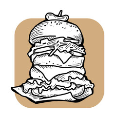 Tasty juicy hamburger for fast food lunch, outdoor picnic. Junk food sandwich with meat in cafe menu, restaurant kitchen. Hand drawn retro vintage colourful illustration. Comics cartoon style drawing.