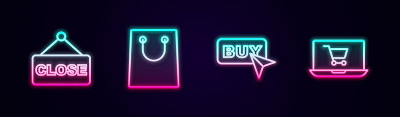 Set line Hanging sign with text Closed, Paper shopping bag, Buy button and Shopping cart screen laptop. Glowing neon icon. Vector