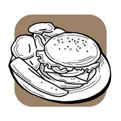 Tasty juicy hamburger for fast food lunch, outdoor picnic. Junk food sandwich with meat in cafe menu, restaurant kitchen. Hand drawn retro vintage colourful illustration. Comics cartoon style drawing.