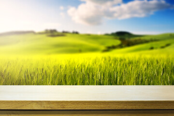 Art Empty wooden table on blurred green farm field background. Mockup for countryside outdoor product design and display.