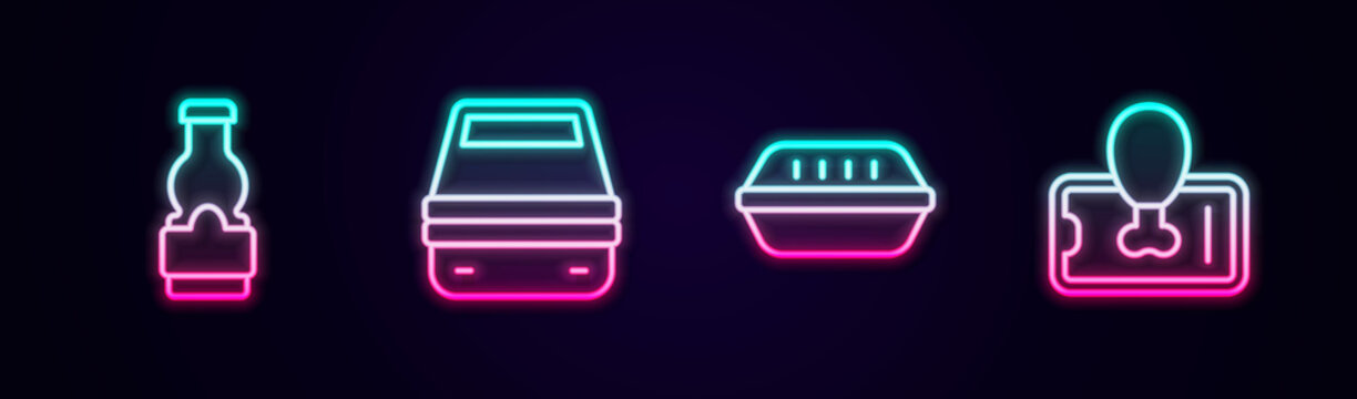Set line Sauce bottle, Lunch box, and Food ordering on mobile. Glowing neon icon. Vector