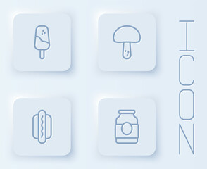 Set line Ice cream, Mushroom, Hotdog and Jam jar. White square button. Vector