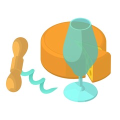 Wine tasting icon isometric vector. Whole head of cheese, corkscrew, wine glass. Winemaking, degustation, aperitif