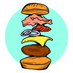 Tasty juicy hamburger for fast food lunch, outdoor picnic. Junk food sandwich with meat in cafe menu, restaurant kitchen. Hand drawn retro vintage colourful illustration. Comics cartoon style drawing.
