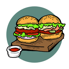 Tasty juicy hamburger for fast food lunch, outdoor picnic. Junk food sandwich with meat in cafe menu, restaurant kitchen. Hand drawn retro vintage colourful illustration. Comics cartoon style drawing.
