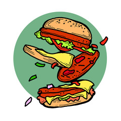 Tasty juicy hamburger for fast food lunch, outdoor picnic. Junk food sandwich with meat in cafe menu, restaurant kitchen. Hand drawn retro vintage colourful illustration. Comics cartoon style drawing.