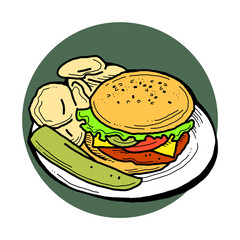 Tasty juicy hamburger for fast food lunch, outdoor picnic. Junk food sandwich with meat in cafe menu, restaurant kitchen. Hand drawn retro vintage colourful illustration. Comics cartoon style drawing.