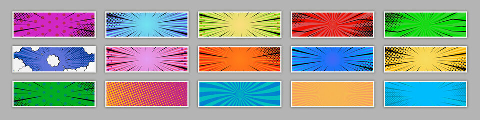 Fototapeta premium Comic book page template in pop-art style. Retro comic empty speech bubbles set on colorful background. Vector illustration, vintage design, pop art style.