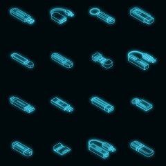 Flash drive icon set. Isometric set of flash drive vector icons neon on black