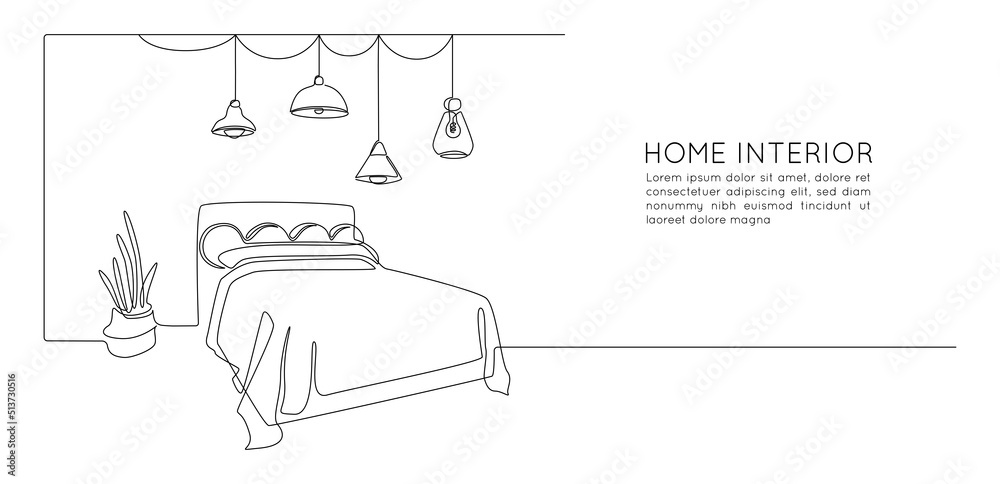 Poster continuous one line drawing of double bed and table and loft chandelier lamps. modern scandinavian i