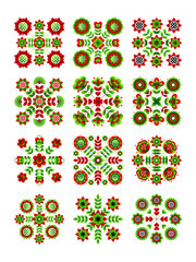 Floral arrangement set in Ukrainian style. Flat square pattern based on Ukrainian embroidery on a white background.