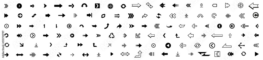 Poster Arrows set. Arrow icon collection. Set different arrows or web design. Arrow flat style isolated on white background - stock vector.