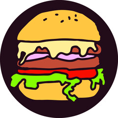 Tasty juicy hamburger for fast food lunch, outdoor picnic. Junk food sandwich with meat in cafe menu, restaurant kitchen. Hand drawn retro vintage vector illustration. Comics cartoon style drawing. 