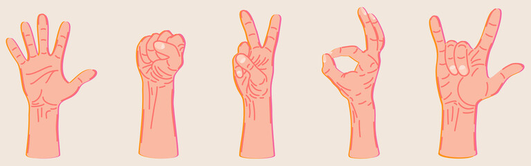 Vector collection of various hand gestures with bright outline. Isolated on light beige background.