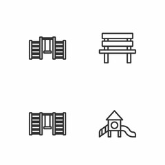 Set line Slide playground, Swedish wall, and Bench icon. Vector