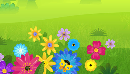 Cartoon summer nature scene with butterfly illustration