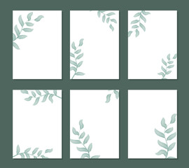 Foliage and greenery set rustic frames. Collection backgrounds with leafy watercolor twigs and leaves. Blank rectangular blanks for postcards, cards, congratulations and invitations vector