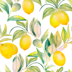 Ripe lemon fruits on a branch seamless watercolor pattern. Endless yellow citrus background. Hand drawn tropical tree illustration on isolated background. Summer botanical Sicilian print. For textiles - obrazy, fototapety, plakaty