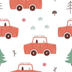 hand drawn childish seamless pattern with car in woodland vector illustration decor for nursery