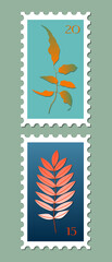 Fototapeta na wymiar Set of two post stamps illustrations. Variety of modern vector isolated stamps. Autumn vintage concept post theme. Fall leaves drawings for mail and post design.