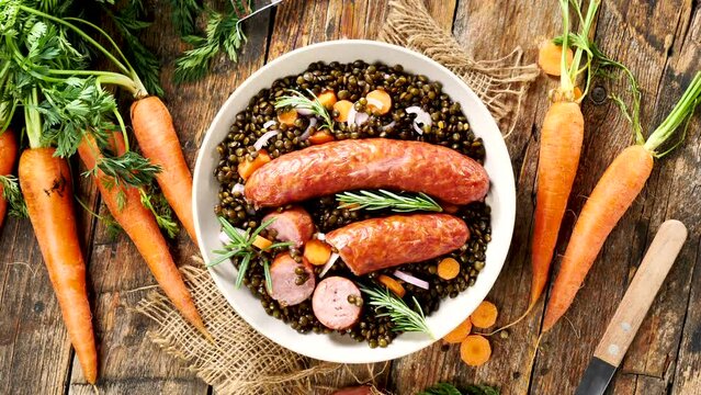 lentil cooked with carrot and sausage