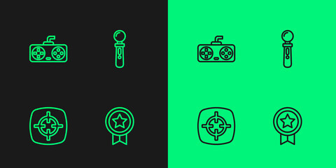 Set line Game rating with medal, Target sport, controller joystick and VR game icon. Vector