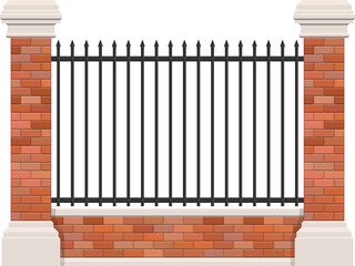 Brick and steel fence isolated on white background
