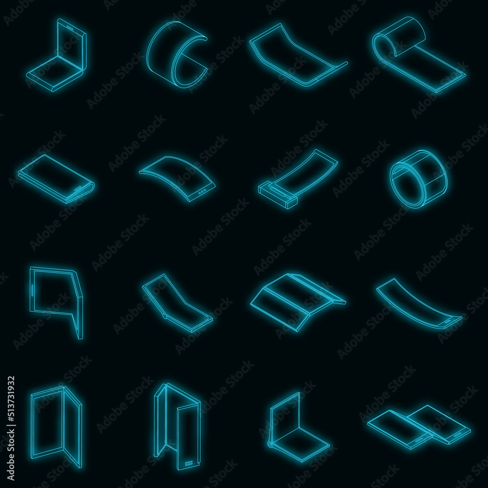 Poster flexible display icons set. isometric set of flexible display vector icons neon on black