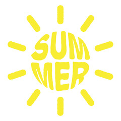 Summer lettering in the shape of sun. Positive illustration, vacation and beach spirit. Print for sticker, clothes, cards, gifts, design and decor. Seasonal illustration. 